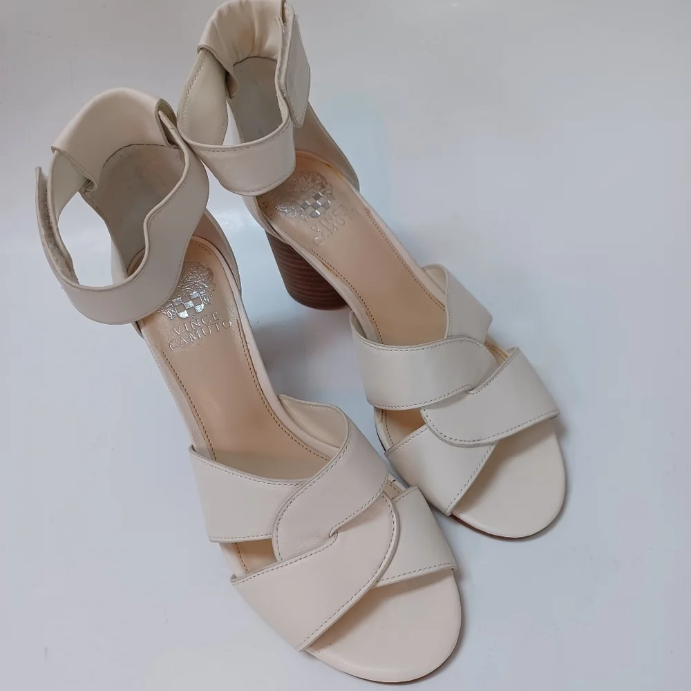 Vince‎ Camuto Heels White Strappy Ankle Wrap Stacked Heel Sandals Womens 8.5 NEW
